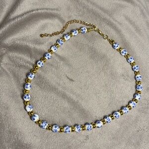 Blue and white ceramic flower bead necklace